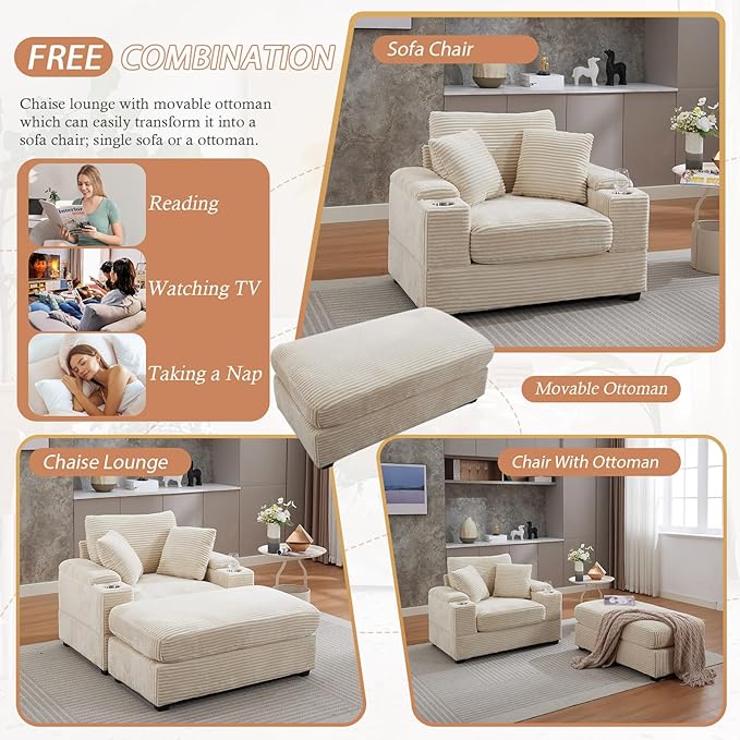 50 Oversized Chaise Lounge Chair Indoor with Ottoman and Storage Comfy Corduroy Sleeper Chair with Cup Holder Deep Seat Upholstered reading Chair Reclining Chair for Living Room Bedroom(Beige)