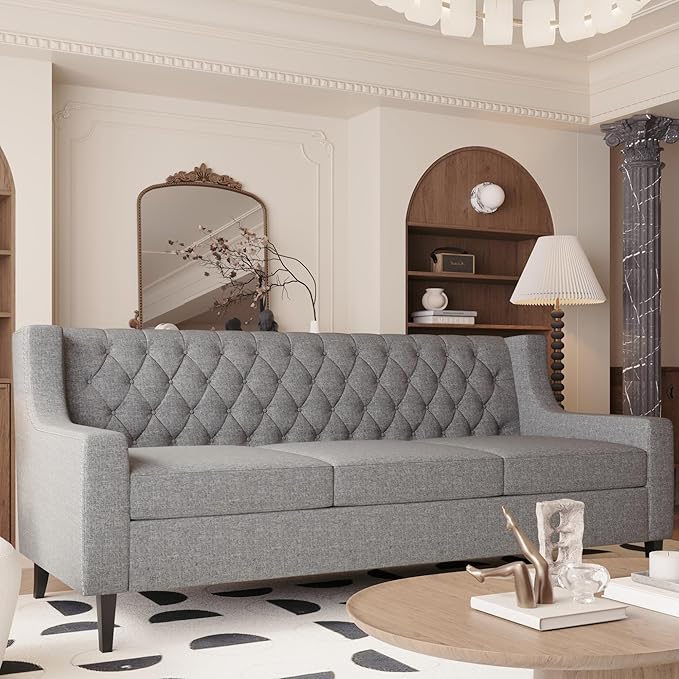 GDFStudio 78.75 3-Seater Sofa Button Tufted Backrest Big Comfy Couch with Plush Cushions Mid Century Modern Couches Home Living Room Sofa Upholstered Sofas &amp Couches for Apartment Bedroom Gre