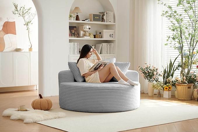 55''L Oversized Round Chaise Longue Chair Indoor Corduroy Sponge Single Sofa Oversized Round Chairs Modern Sleeper Chair for Living RoomProjection Room Wide Armrest Chairs Light Grey