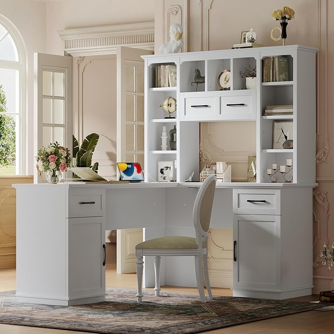 L Shaped Computer Desk with Drawers Bookshelf &amp Hutch Modern Corner Home Office Desk L-Shaped Study Table Writing Corner Gaming Computer Desk with Storage (White)
