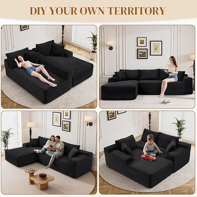 95 Boneless Cloud Sectional Couches for Living Room Comfy Fluffy L Shaped Memory Foam Deep Seat Boneless Couch Modular Sectional Sofa with Left Facing Chaise Black