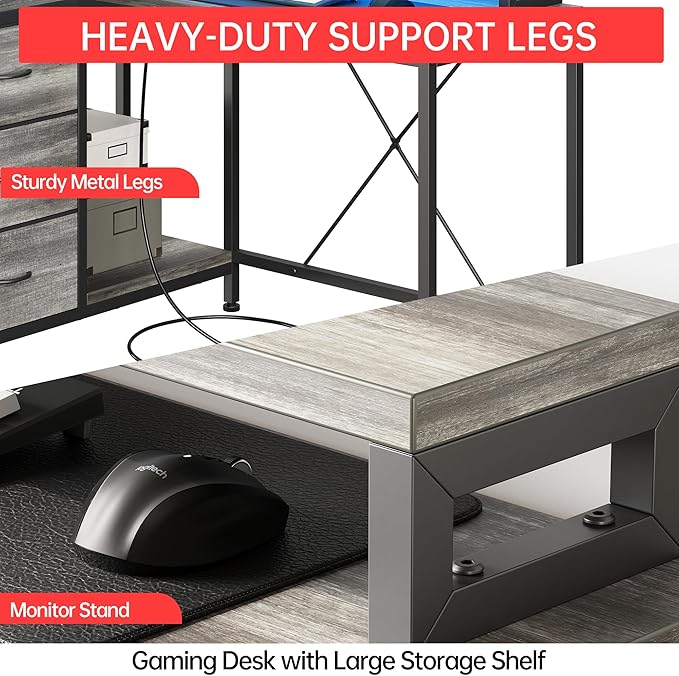 Garvee L Shaped Computer Desk with Power Outlets LED Lights Drawers Shelves Corner Gaming Desk Home Office Workstation Modern Ergonomic Design Oak