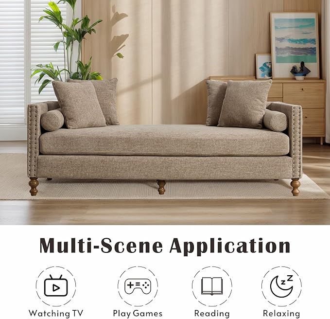 Mlmh &amp Kngwa 75 Upholstered Oversized Chaise Lounge Chair Indoor with Armrests &amp 6 Pillows &amp Solid Wood Legs for Bedroom Living Room ChenilleTaupe