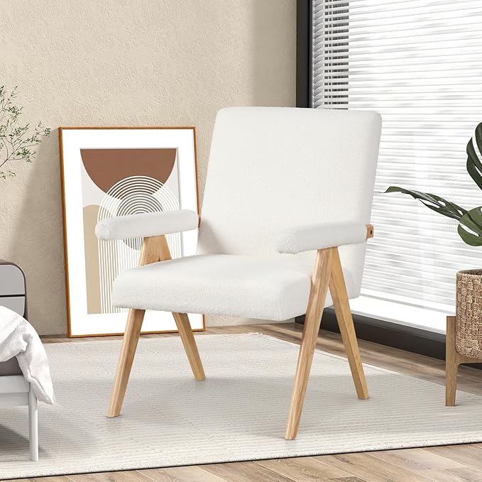 Giantex Mid-Century Modern Accent Chair Sherpa Fabric Reading Chair with Padded Armrests Solid Rubber Wood Frame Upholstered Side Arm Chair for Living Room Bedroom Office Beige