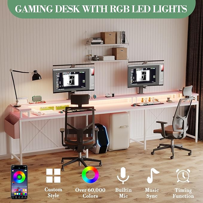 78 Inch Large Computer Desk with Power Outlets &amp USB Ports u Shaped Corner Desk with RGB LED Lights Monitor Stand &amp Storage for Home and Office Pink