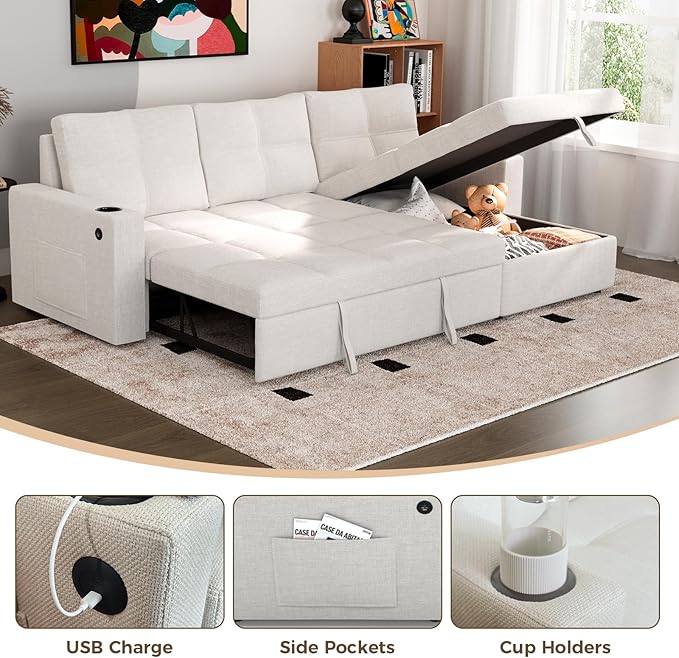 85 inch Sectional Sleeper Sofa Bed with StoragePull Out Couch with Reversible Storage ChaiseCup Holders USB ChargingSide PocketsComfortable Sectional Sofa Couches for Living RoomSmall Spaces | co