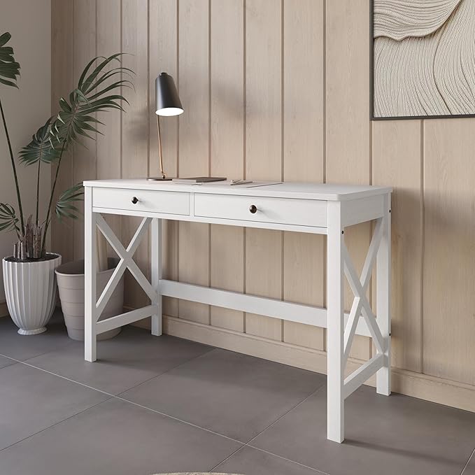 HOME DESIGN Beatrice Solid Wood Writing Desk 47.2 Inches Modern Home Office Desk with Spacious Tabletop &amp Built-in Storage Drawers Durable Design Easy Assembly White