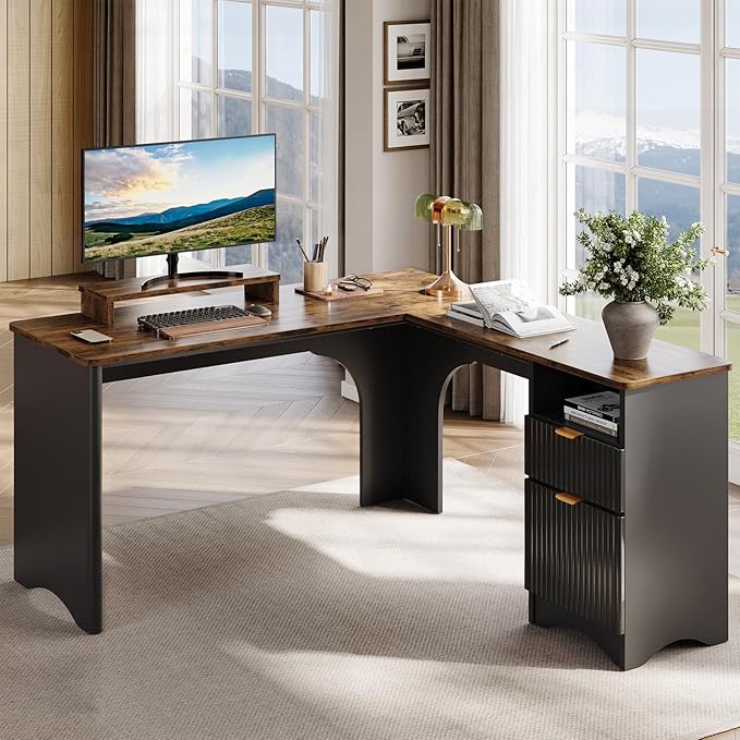 Bestier L Shaped Desk with File Drawer 55.7 x 55 Office Computer Desk with Round Corners Modern Desk with Monitor Stand &amp Fluted Panels for Home Office Black &amp Rustic Brown