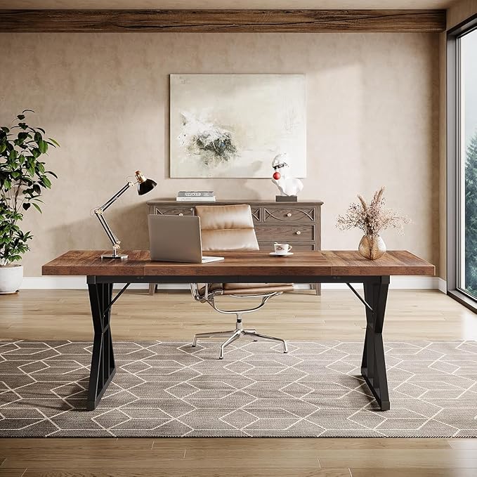 Tribesigns 70.86-Inch Large Executive Desk Industrial Home Office Computer Desk Simple Long Writing Study Table Business Furniture (Brown/Black)