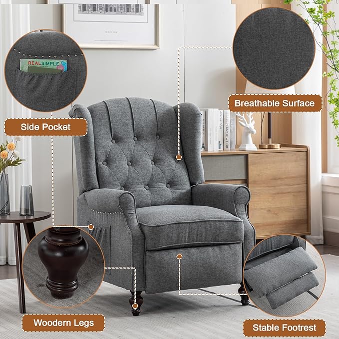 Push Back Recliner Mid-Century Modern Accent Chair Reading Chairs Set of 2 Tufted Fabric Arm Chair for Living Room w/Heat Massage/Side Pockets (2 PC Gray)