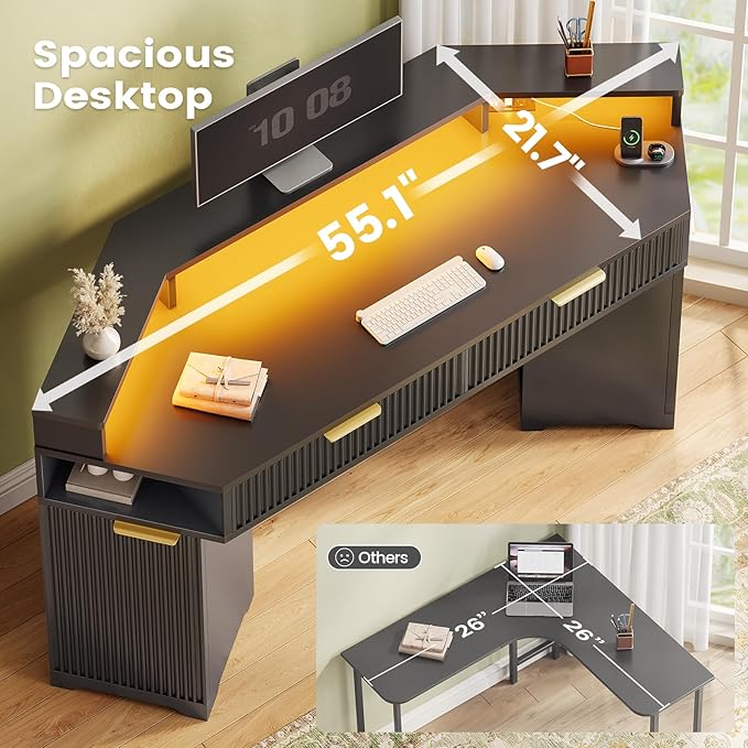 SEDETA Computer Desk with 2 Drawers Small Diamond Office Desk with Storage Cabinet for Small Space Gaming Desk with LED Lights &amp Power Strip for Home Office Black