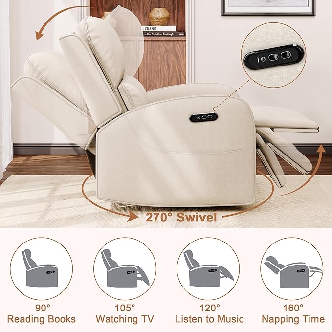 iPormis Power Recliner Chair for Adults Comfy Linen Fabric Swivel Rocking Recliner with Power Headrest/Lumbar Support/Charging Ports Electric Recliner Single Sofa Chairfor Living Room/Bedroom White