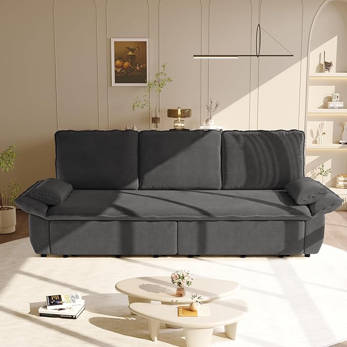 94.5‘’ King Size Sleeper Sofa Bed 3-in-1 Corduroy 3-Seater Sofabed Pull-Out Couch Upholstered Cloud Pullout Futon Space Saving for Living Room Gray