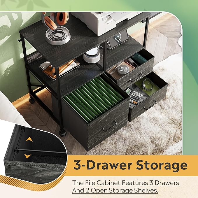 DEVAISE 3 Drawer Mobile File Cabinet Rolling Printer Stand with Storage Shelf Fabric Lateral Filing Cabinet fits A4 or Letter Size Adjustable Shelf for Home Office Charcoal Black Wood Grain Print