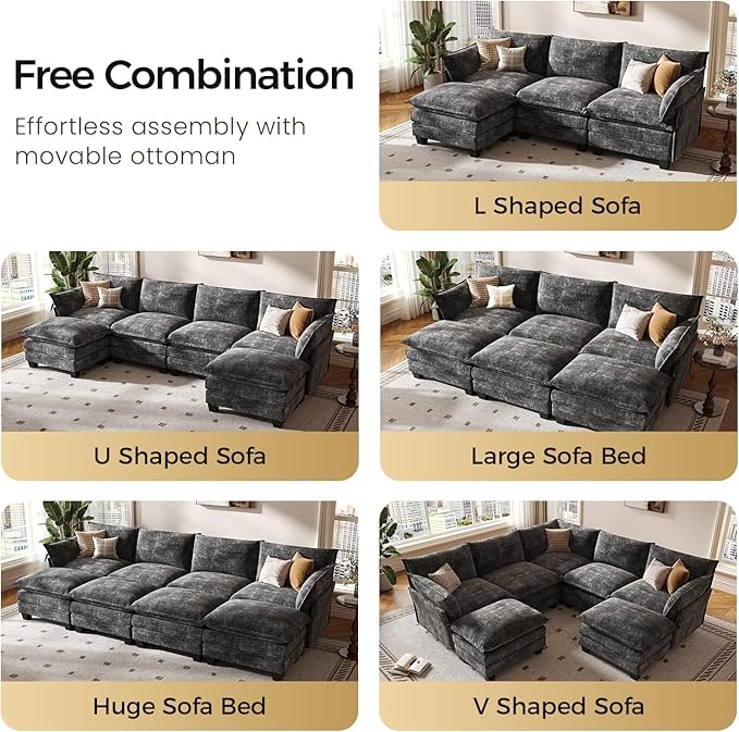 KKL 120 Modular Sectional Sofa for Living Room U-Shaped 6 Seater Convertible L-Shaped Cloud Couch with Ottoman Chenille Modern Sectional Couches for Living Room Apartment Grey