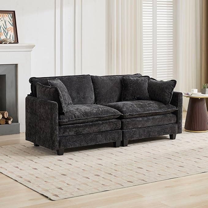 L Shaped Sectional Sofa Cloud Couch for Living Room 78 Chenille Comfy Boucle Modular loveseat Sofa Modern Upholstery Sofas with Ottoman &amp Memory Foam Black