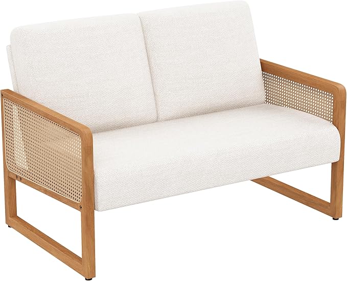 Small Loveseat Sofa with Rattan Arms Linen Mini Couch for Living Room Bedroom Modern Upholstered Love Seat with Wood Legs Ivory