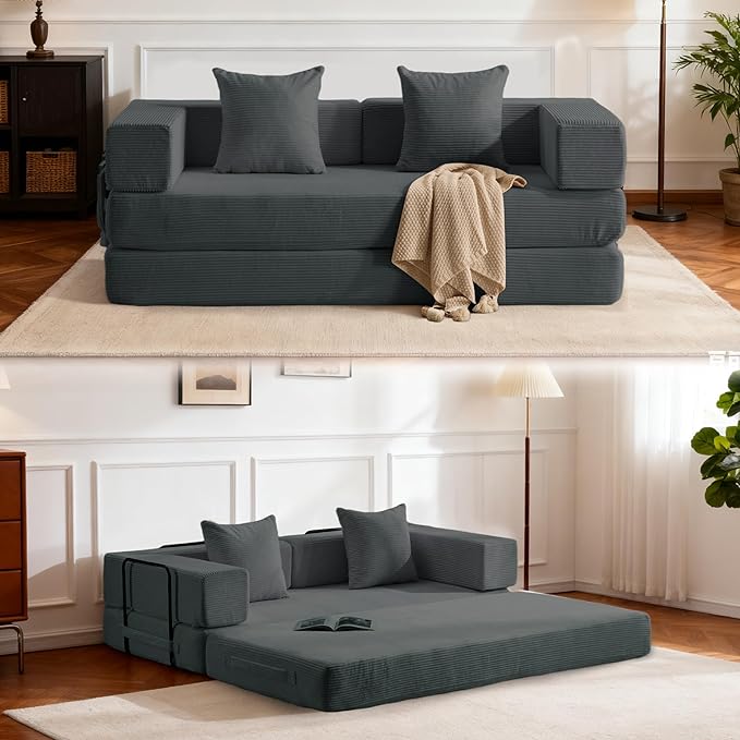 4 in 1 Convertible Sleeper Sofa Bed 78’’ Compression Folding Sofa Bed with Pillows &amp Side Pockets Fold Out Floor Couch Boneless Couch for Living Room BedroomGrey
