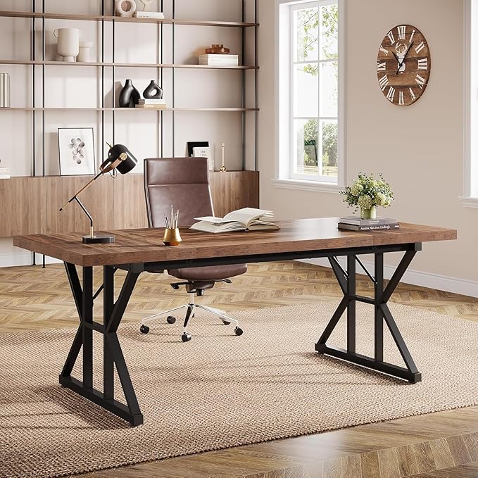 Tribesigns 70.86-Inch Large Executive Desk Industrial Home Office Computer Desk Simple Long Writing Study Table Business Furniture (Brown/Black)