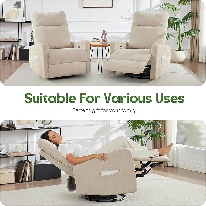 Oversized Recliner Chair Swivel Rocking Chair Reclining with Phone Holder Ergonomic Lazy Boy Fabric Sofa Chair with Lumbar Support Manual Glider Chair for Living Room RV Beige