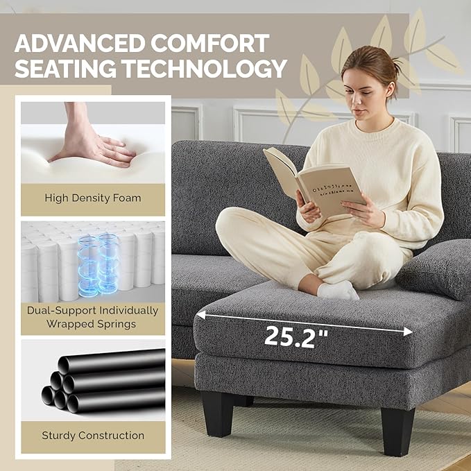VINGLI 110' U-Shaped Sectional Couch with Two Chaise Affordable Small Sofa with 4 Seats Chenille Fabric Comfy Couches for Living Room Dark Grey