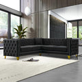 Velvet L Shaped Sofa Couch Upholstered Sectional Couch with Tufted Back and Rivet Decoration Modern 5 Seater Corner Sofa with Golden Tapered Legs and 3 Pillows Comfy Couches for Living Room Black