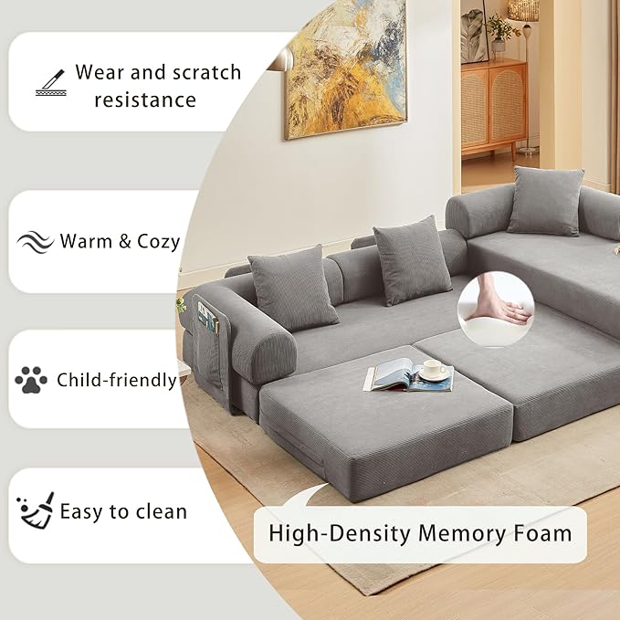 L Shaped Modular Sofa Bed with Cylindrical Pillow &amp Reversible Chaise Corduroy Folding Convertible Floor Sofa Couch Bed with Fixed-Shape Frame &amp Storage Pocket for Living Room Grey