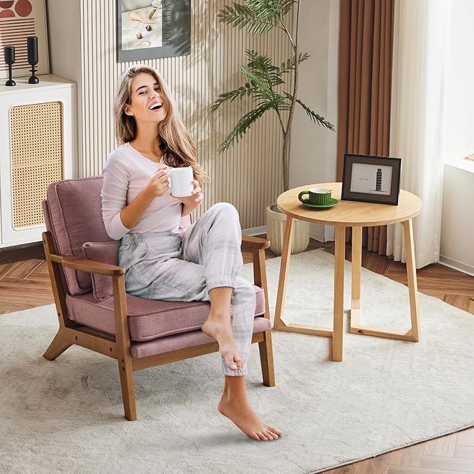 Karl home Accent Chair Wide Armrest Mid-Century Lounge Chair Linen Fabric Armchair with Lumbar Pillow &amp Solid Wood Frame for Living Room Bedroom Balcony Pink