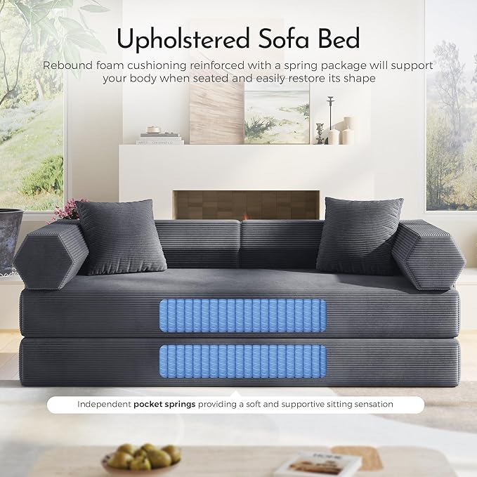 79'' Convertible Sofa Bed 5-in-1 Folding Sleeper Couch with Pull Out Bed Corduroy Modular Floor Sofa No Assembly Space Saving Guest Bed for Living Room Apartment Bedroom (Dark Gray1) | Convertible