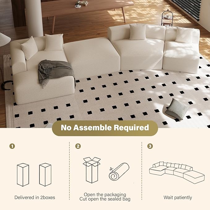 158” Oversized Modular Cloud Couch Boneless 5-Seat Sectional Sofa with Chaise &amp Movable Ottoman Plush Corduroy Deep Seat No Assembly Required(Beige White)