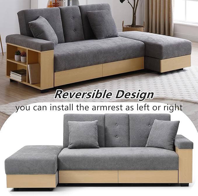 Convertible Sofa Bed 85 Folding Sectional Sleeper Sofa with Storage Ottoman Drawers Built-in Bookshelves and 2 Cup Holders Linen (Gray)