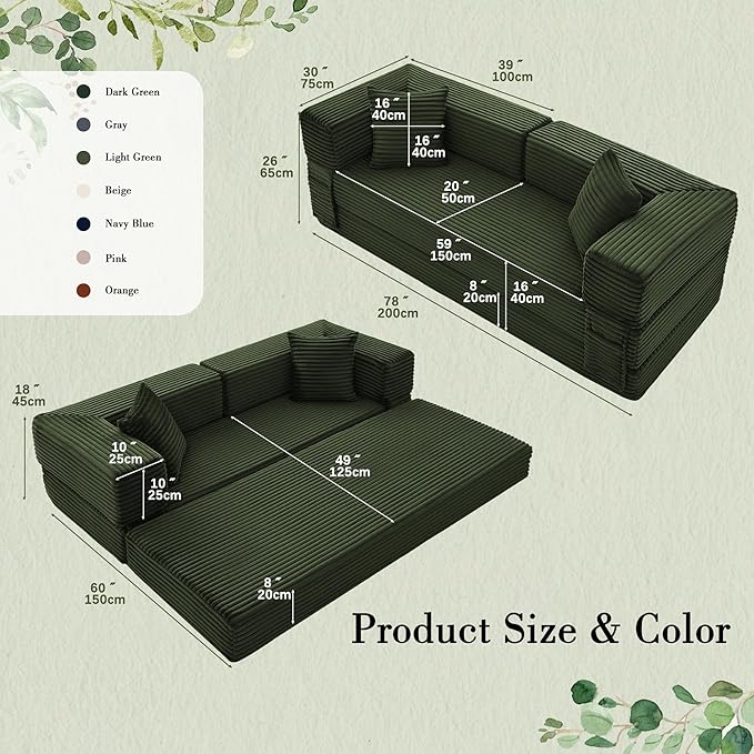 Sectional Boneless Couch Convertible Sofa Bed78'' Modular Sectional Sleeper Sofa with Removable Armrests &amp 3 PillowsSmall Floor Couch No Assembly Needed for Living Room Office BedroomLight Gr