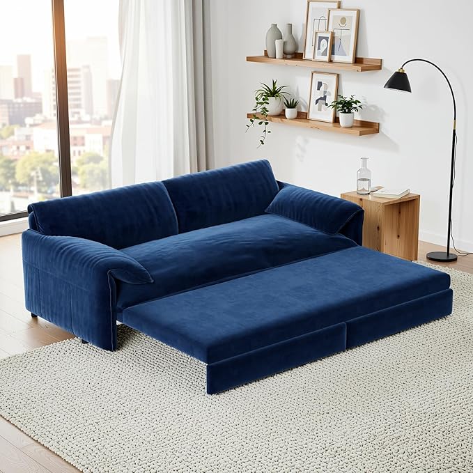 Homy Casa 66 3-in-1 Convertible Sofa Bed Queen Size Pull-Out Bed with Side Storage Velvet Loveseat Modern Sleeper Sofa for Living Room Office or Guest Room (Blue)