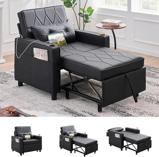 TYBOATLE Leather Convertible Sleeper Chair Bed for Adults 3-in-1 Pull Out Sofa Chair Bed with USB/Type-C Ports Cup Holders Side Pockets Single Sofa for Living Room Office Bedroom (Black)