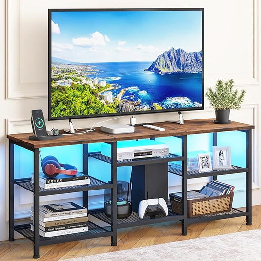 YGEOMER TV Stand for TVs Up to 55 Inches Entertainment Center with Power Outlet and LED Lights Open Storage Shelves TV Media Console Table for Living Room and Bedroom Rustic Brown