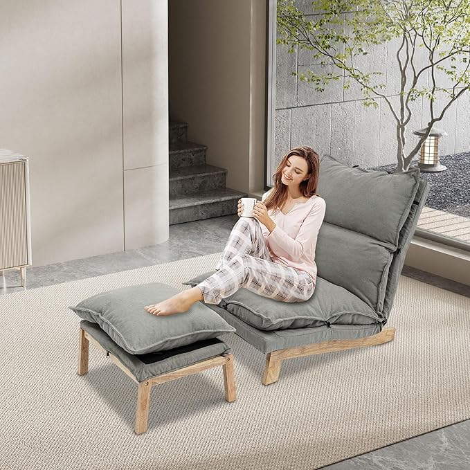Single Lazy Leisure Chair Adjustable Recliner Balcony Reclining Japanese Tatami Chair with Ottoman Floor Seating Lounge Chair with Backrest and Footrest Upholstered Chair for Living Bedroom (Grey)