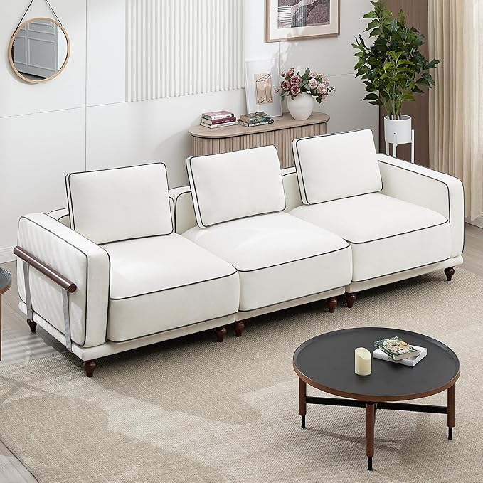 112 Modular Sectional Sofa Oversized 3-Seater Cloud Couches for Living Room Comfy Deep Seat Sofa with Wooden Leg Armrets Chenille White