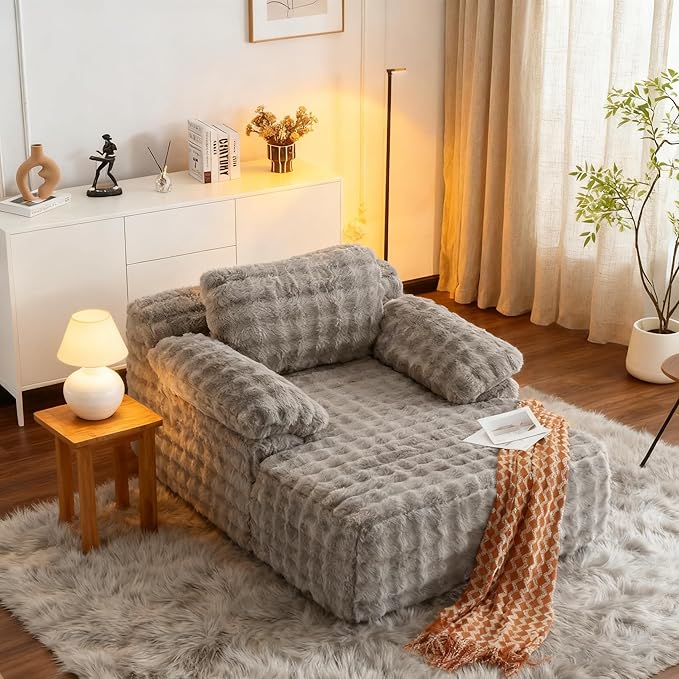 VINGLI 67.7 Oversized Chaise Lounge Chair Indoor Reading Chairs Comfy Bubble Fleece Upholstered Boneless Sofa Bed Sleeper Sofa Cloud Couches for Living Room Bedroom Play Room (Light Grey)