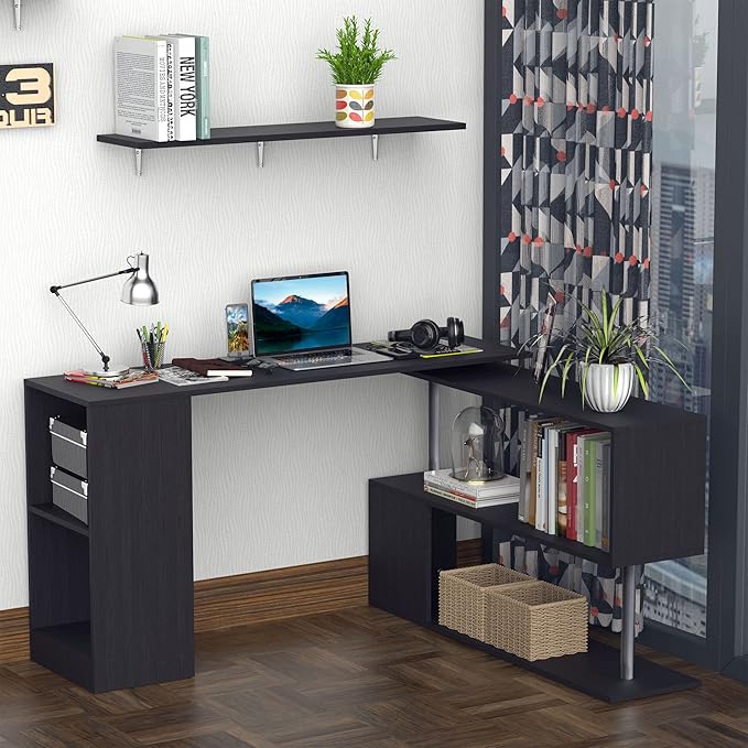 HOMCOM 55 360° Rotating Corner Computer Desk Modern L-Shaped Home Office Workstation with 3-Tier Storage Shelves Bookshelf Black