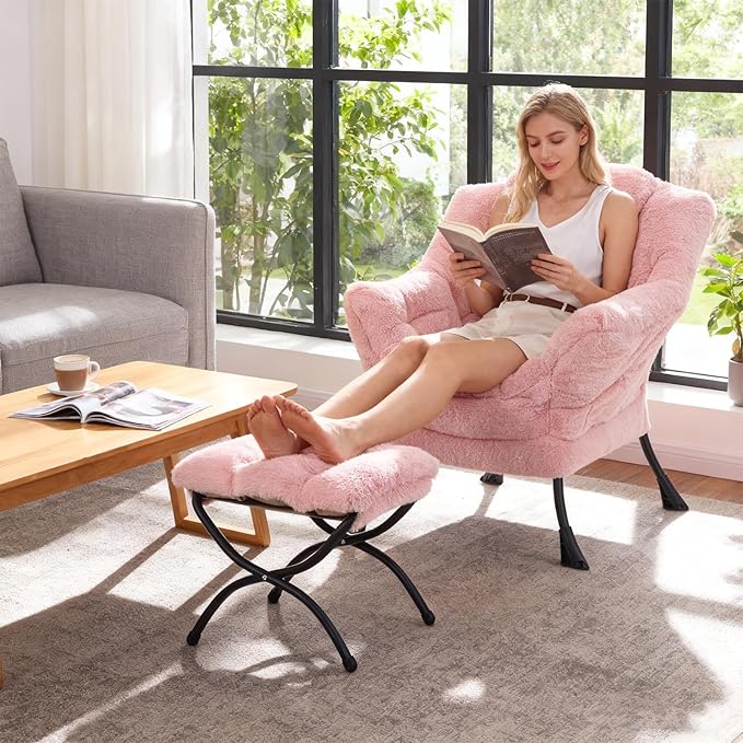 Welnow Lazy Chair with Ottoman Modern Accent Chair with Armrests and a Side Pocket Leisure Sofa Armchair Set Reading Armchair with Footrest for Small Space Plush Pink