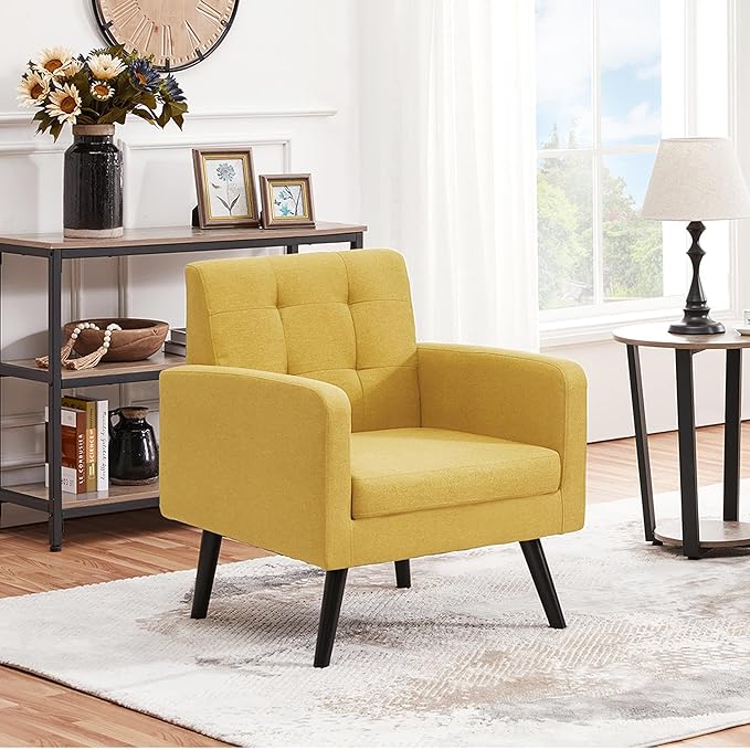 Yaheetech Mid-Century Accent Chairs Modern Upholstered Living Room Chair Cozy Armchair Button Tufted Back and Wood Legs for Bedroom/Office/Cafe Set of 2 Yellow