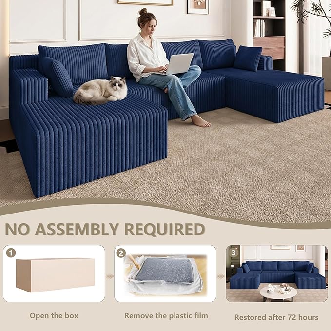124 U Shaped Cloud Couch Sectional Corduroy Upholstered 4-Seater Cloud Couches for Living Room Deep Seat Modular Boneless Sofa with Lounge Chaise No Assembly Required Blue