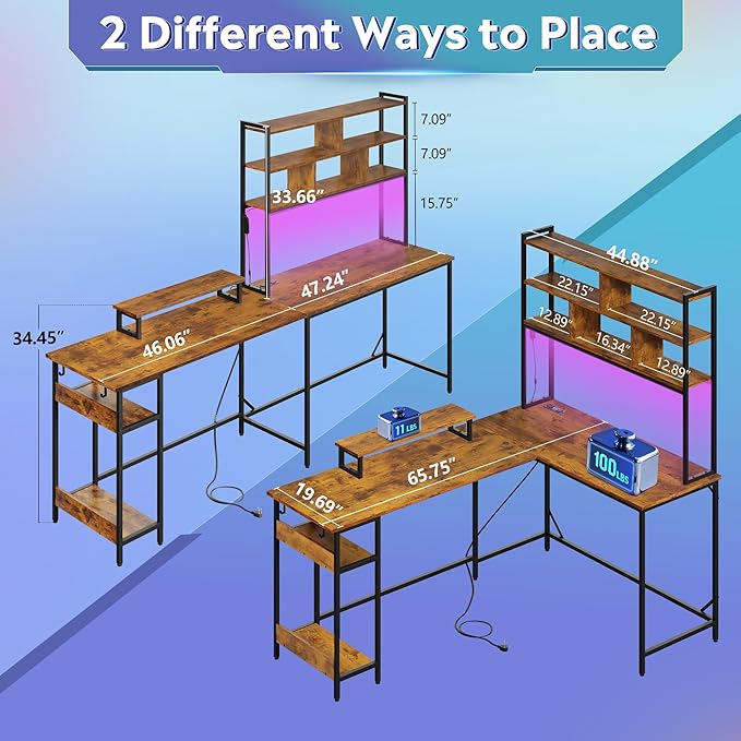 DEVAISE L Shaped Gaming Desk with Hutch Reversible Computer Desk with LED Light 3-Tier Shelves 2 AC+2 USB Outlet and Monitor Stand Corner Desk with Storage for Home Office (Rustic Brown 66 Inch)