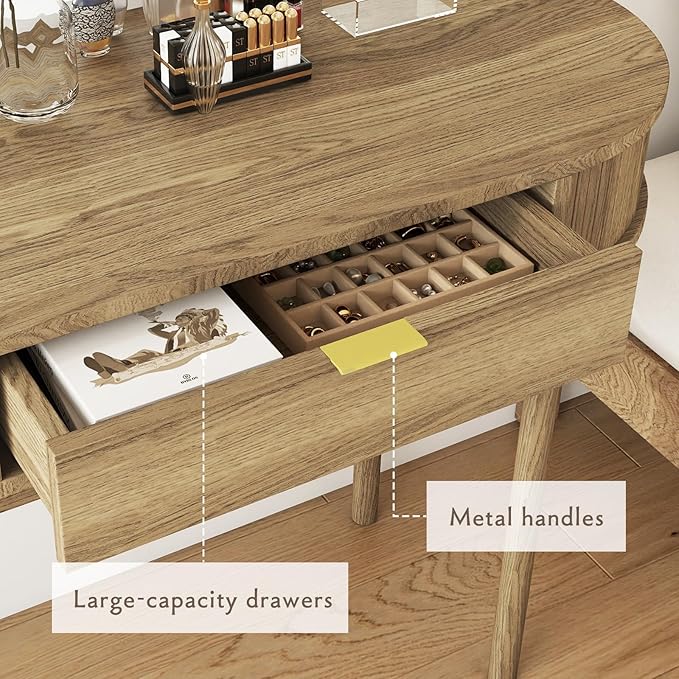SoarFlash 39 Inch Small Computer Desk with Drawer Mid-Century Modern Writing Desk with Solid Wood Legs - Compact Home Office Desk &amp Makeup Vanity for Small Space Bedroom Study Table in Brown