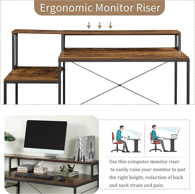 Home Office Computer Desk with Storage Shelves and Monitor Stand Riser Shelf Study Writing Desk Computer Table (Old SKU: WF198006AAT)