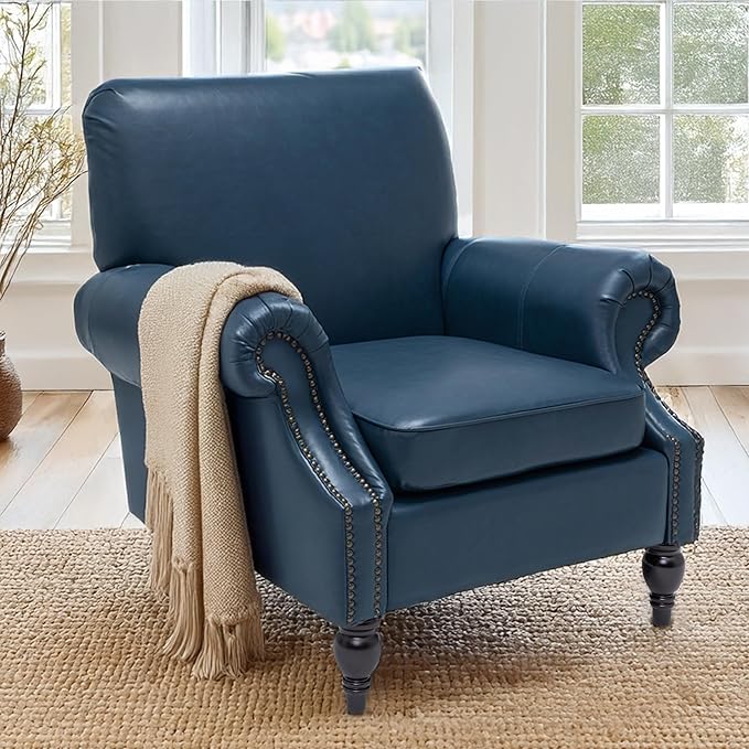 Accent Chair22.4 Seat Depth Armchair with Roll Arms36.6W*34.3D*34.6H Chair for Living RoomWood LegsSet of 2Faux Leather in Navy