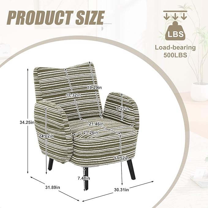 Modern Upholstered Armchair with Side Storage Pocket Fabric Reading Chair with Solid Wood Legs Ergonomic Accent Chair for Living Room Bedroom &amp Office (Green)