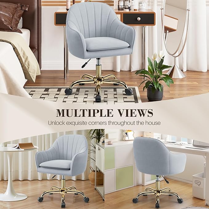 Vanity Chair with Wheels Comfy Home Office Desk Chairs Adjustable Modern Velvet Makeup Vanity Chairs for Bedroom Living Room-Gray