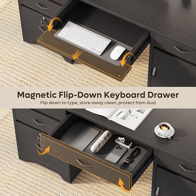 Bestier 59” Office Desk with Lockable Drawers Modern Computer Desk with File Drawer Charging Station &amp Drop-Front Keyboard Drawer Executive Desk with Storage Cabinet for Home Office &amp Studi