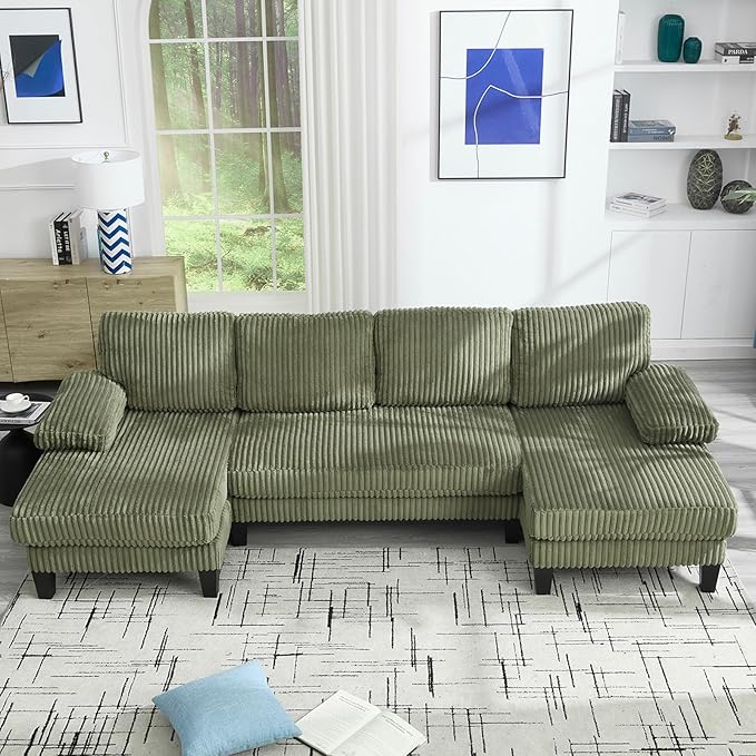 114.2 U-Shaped Sectional Sofa for Living Room Corduroy U-Shaped Couch with Double Chaises 4-Seater Comfy Cloud Sofa for Home Furniture Office &amp Small Space (Green)